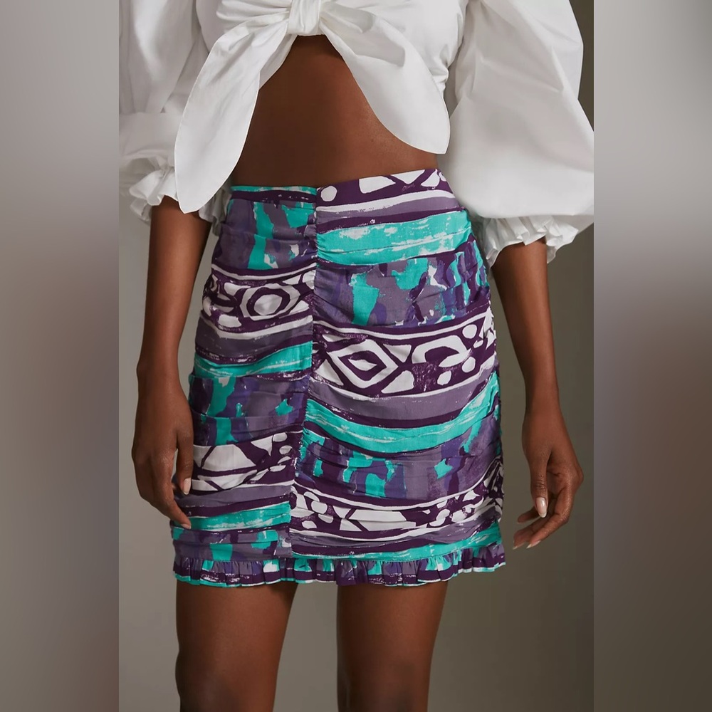 Anthropologie Porridge Elesa Ruched Mini Skirt Purple & Teal Boho Size Large NWT